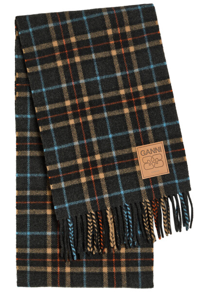  Ganni Checked Fringed Wool Scarf - Grey - One Size 