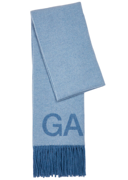  Ganni Logo Fringed Wool Scarf - Light Blue - One Size 