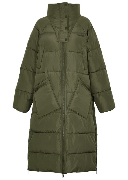  Ganni Quilted Shell Coat - Army Green - L/xl 