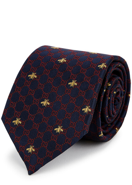  Gucci Gg Bee Silk-jacquard Tie - Navy 