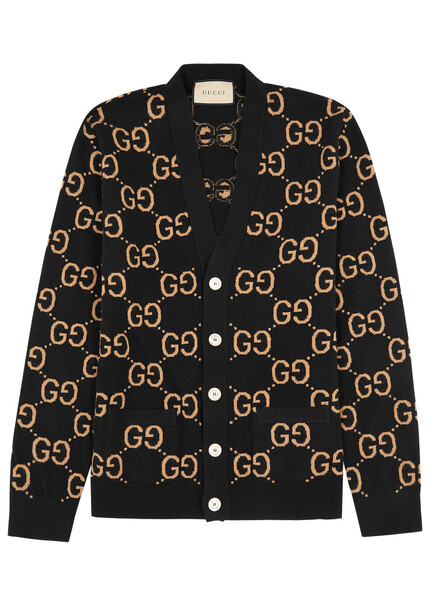  Gucci Gg Supreme Intarsia Wool Cardigan - Black - M 