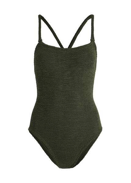  Hunza G - Bette Seersucker Swimsuit, Dark Green, One Size, Square Neck, Cross-over Shoulder Straps, Ruched Detail, Machine Wash 