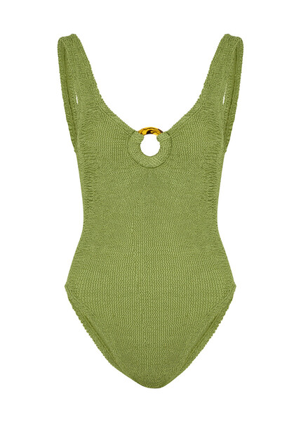  Hunza G - Celine Seersucker Swimsuit, Olive, One Size, Scoop-neck, Hoop Detail At Front, Low Back, Machine Wash, Hunza G Celine 