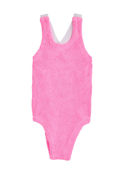  Hunza G - Kids Lara Seersucker Swimsuit (2-6 Years), Pink, Scoop-neck, Elasticated, Bow Detail, Ruffled Trim, Machine Wash, Hunza G Lara - 2yr-6yr 
