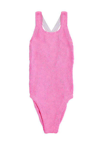  Hunza G - Kids Lara Seersucker Swimsuit (7-12 Years), Pink, Scoop-neck, Elasticated, Bow Detail, Ruffled Trim, Machine Wash, Hunza G Kids Swimsuit - 7yr-12yr 