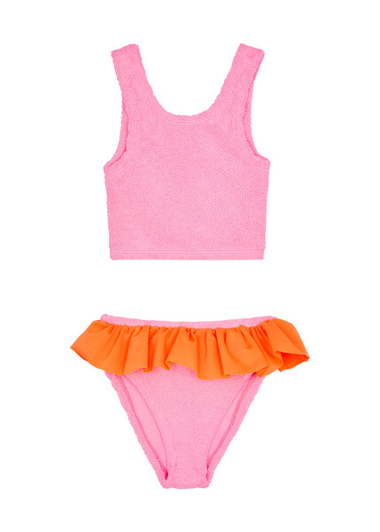  Hunza G - Kids Olive Seersucker Bikini (7-12 Years), Pink, One Size, Round-neck, Elasticated, Low Back, Ruffled Trim, Machine Wash, Kids Hunza 