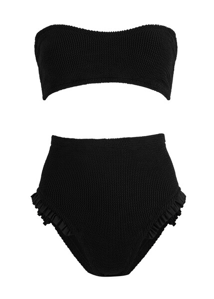  Hunza G - Osiris Ruffled Seersucker Bandeau Bikini, Black, One Size, Strapless, Sweetheart Neck, High Rise, Satin Ruffled Trims, Machine Wash 