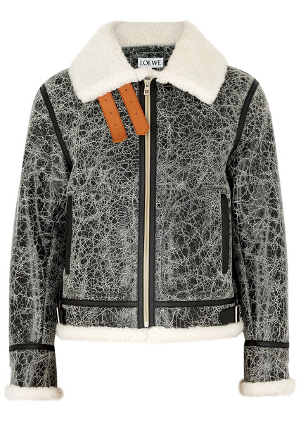  Loewe Black Crackled Shearling Aviator Jacket - 48 