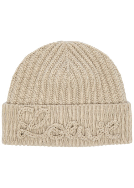  Loewe Logo-appliqué Ribbed Wool Beanie - Cream - One Size 