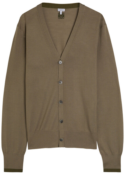  Loewe Logo-embroidered Fine-knit Wool Cardigan - Khaki - L 