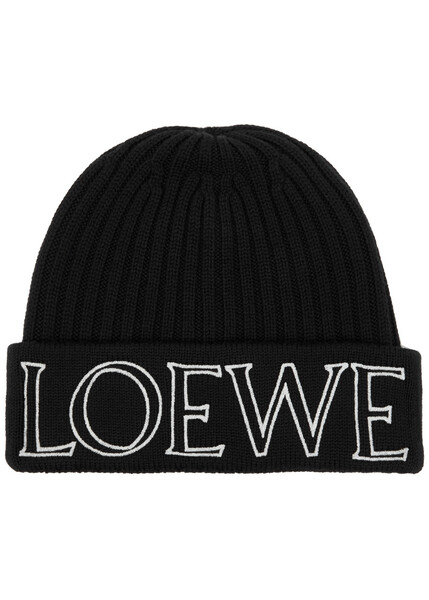  Loewe Logo-embroidered Ribbed Wool Beanie - Black 