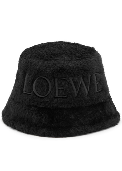  Loewe Logo-embroidered Shearling Bucket Hat - Black 