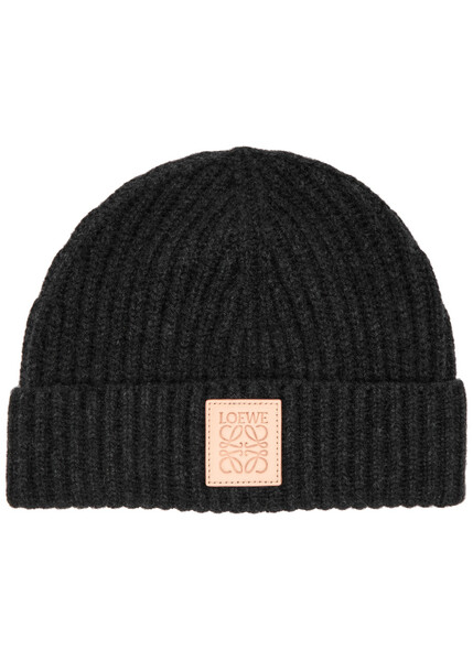  Loewe Logo Ribbed Cashmere Beanie - Black - One Size 