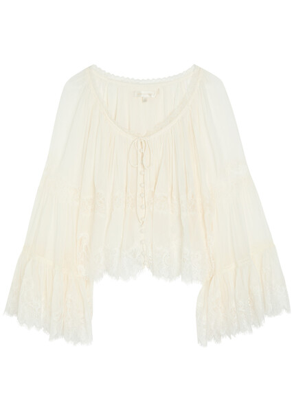  Loveshackfancy Darline Lace And Silk-chiffon Top - Ivory - L (uk14 / L) 