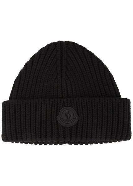  Moncler Black Logo Ribbed Wool Beanie 