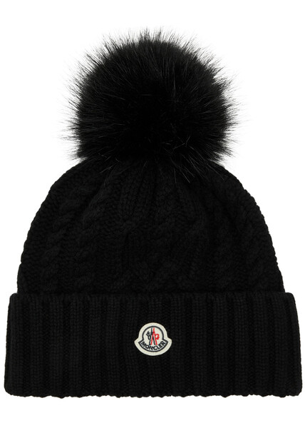  Moncler Pompom Cable-knit Wool-blend Beanie - Black 