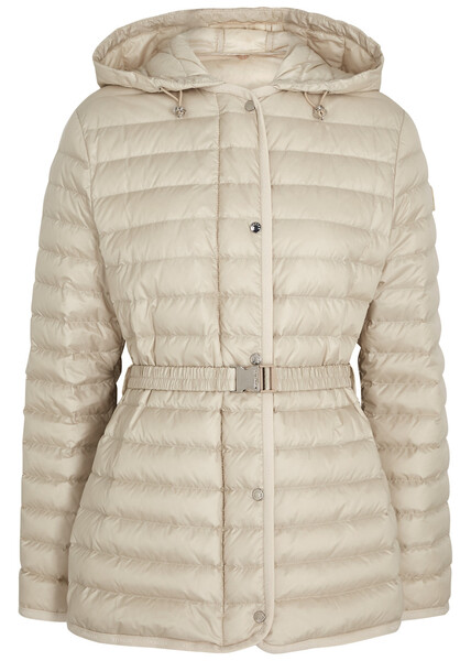  Moncler Women's Large Beige Oredon Hooded Quilted Shell Coat - Detachable Drawstring Hood - 3 