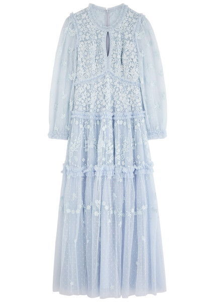 Needle & Thread Autumn Lace Embroidered Tulle Maxi Dress - Blue - 12 (uk16 /xl) 