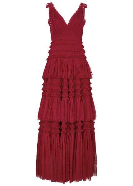  Needle & Thread Candice Ruffled Tulle Gown - Red - 14 