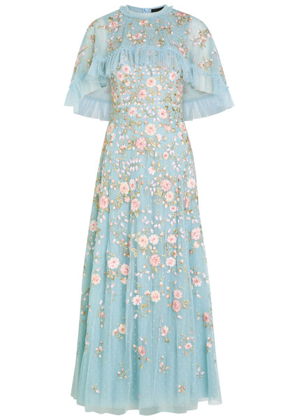  Needle & Thread Eden Rose Embroidered Cape-effect Tulle Gown - Blue - 10 (uk10 / S) 