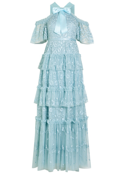  Needle & Thread Primrose Floral-embroidered Tulle Gown - Blue - 16 (uk16 / Xl) 