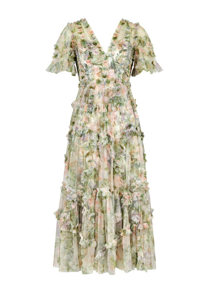  Needle & Thread Rose Powder Floral-print Ruffled Tulle Midi Dress - Multicoloured - 20 (uk20 /xxl) 
