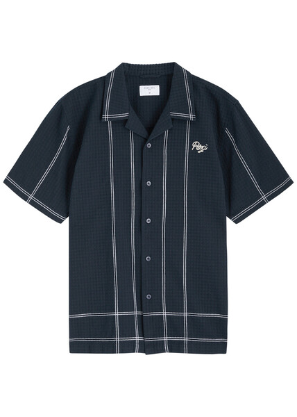  Percival Sicily Cuban Textured Logo Cotton Shirt - Navy - M 