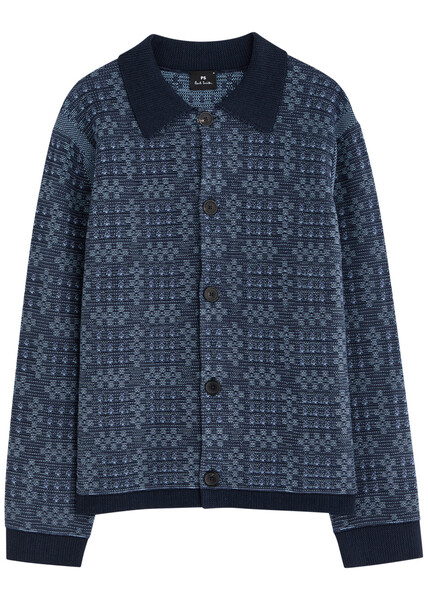  Ps Paul Smith Patterned-intarsia Cotton Cardigan - Blue - M 