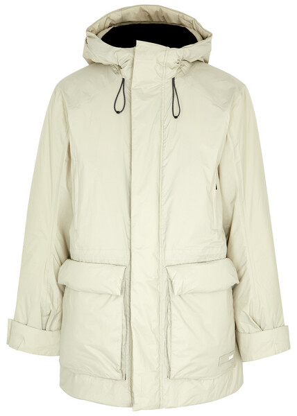  Rains Hooded Padded Rubberised Shell Jacket - Light Grey - L 