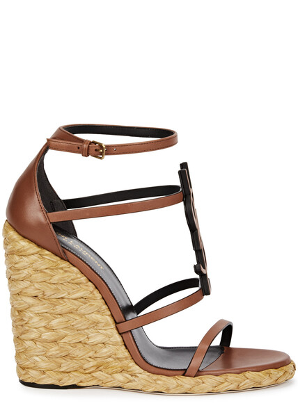  Saint Laurent Cassandra 100 Leather Wedge Espadrilles - Tan - 5 