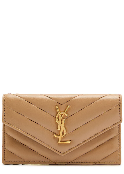  Saint Laurent Cassandre Quilted Card Holder - Tan - One Size 
