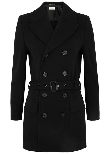  Saint Laurent - Women's Black Belted Wool-blend Jacket - Size 34 (uk6/xs), Padded Shoulders & Belted Waist - 34 (uk6 /xs) 
