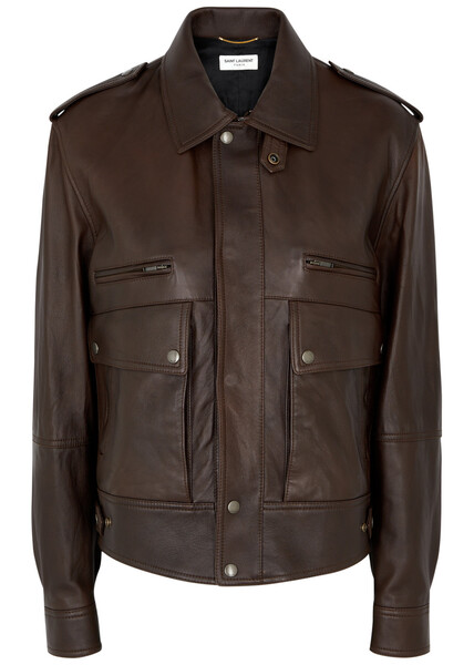  Saint Laurent - Women's Brown High-neck Leather Jacket - Size 12, Slouchy Relaxed Fit & Dropped Shoulders 
