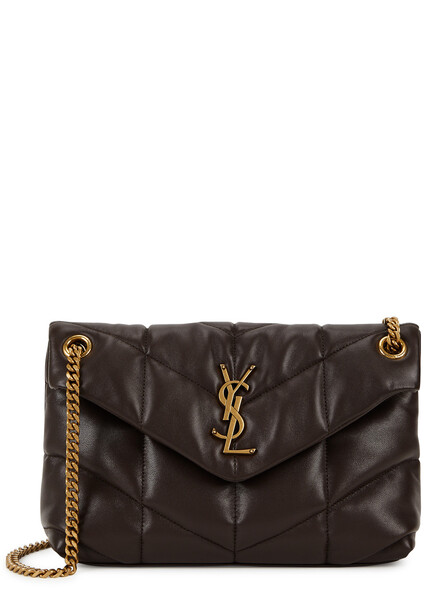  Saint Laurent - Women's Chocolate Quilted Lou Puffer Small Leather Shoulder Bag - Adjustable Chain Strap - One Size 