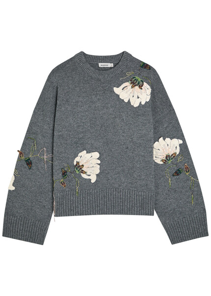  Simkhai Dawna Floral-embellished Wool-blend Jumper - Grey - L (uk14 / L) 
