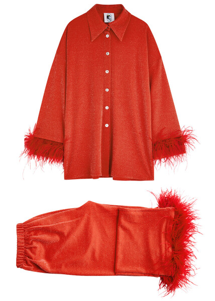  Sleeper Cosmos Feather-trimmed Metallic Jersey Pyjama Set - Red - M (uk12 / M) 