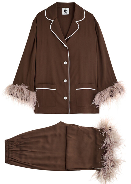  Sleeper Party Feather-trimmed Pyjama Set - Brown - M (uk12 / M) 