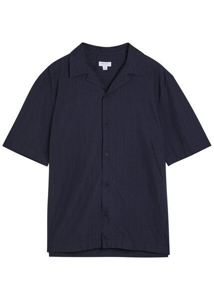  Sunspel Striped Embroidered Cotton Shirt - Navy - M 