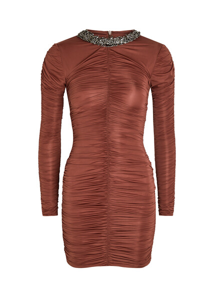  The New Arrivals Ilkyaz Ozel Ross Embellished Ruched Stretch-jersey Mini Dress - Brown - 38 (uk10 / S) 
