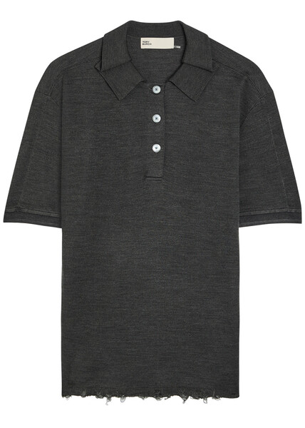  Tory Burch Distressed Silk-blend Polo Top - Dark Grey - L (uk14 / L) 