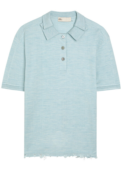  Tory Burch Distressed Silk-blend Polo Top - Light Blue - S (uk8-10 / S) 