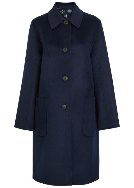  Tory Burch Logo-intarsia Wool-blend Coat - Navy - Xs (uk6 / Xs) 