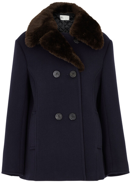  Tory Burch Shearling-trimmed Wool Peacoat - Navy - 10 (uk14 / L) 