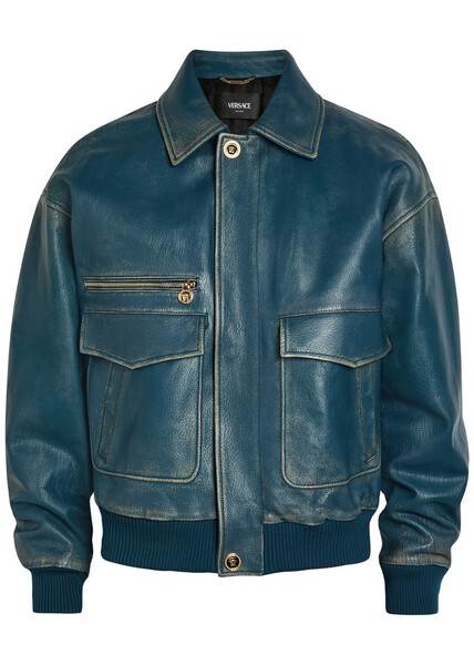  Versace Logo-embossed Distressed Leather Jacket - Blue - 48 (it48 / M) 