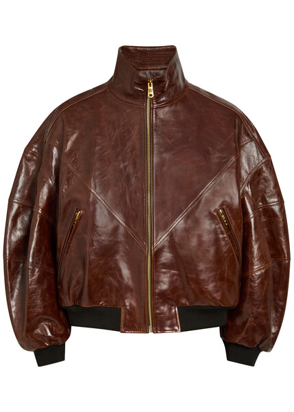  Willy Chavarria Quilted Leather Bomber Jacket - Brown - L 