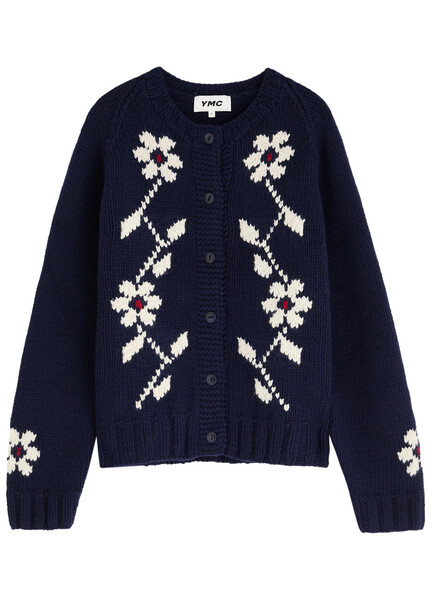  Ymc Atomic Floral-intarsia Wool-blend Cardigan - Navy - L (uk14 / L) 