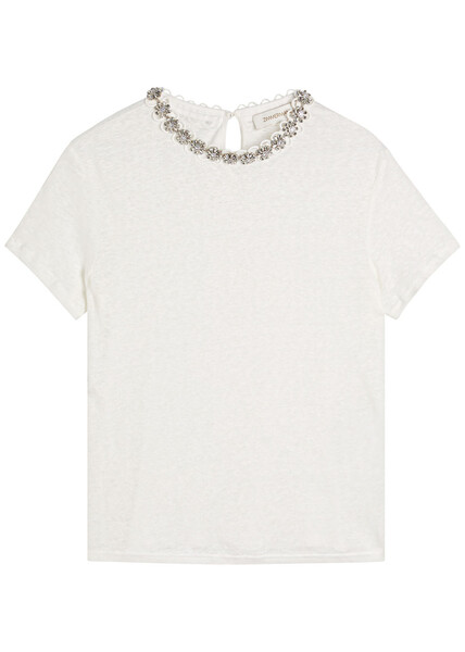  Zimmermann Embellished Slubbed Linen T-shirt - Ivory - 2 (uk 12 / M) 