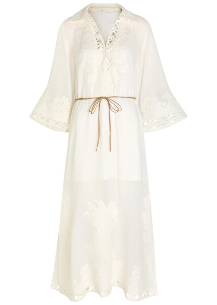  Zimmermann Indra Embroidered Belted Ramie Maxi Dress - Ivory - 2 (uk 12 / M) 
