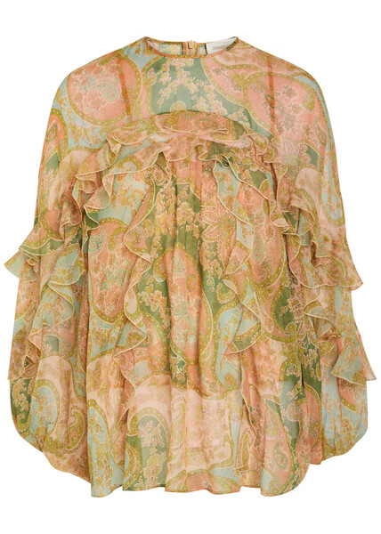  Zimmermann Luna Flutter Paisley Ruffled Silk Blouse - Sage - 2 (uk 12 / M) 