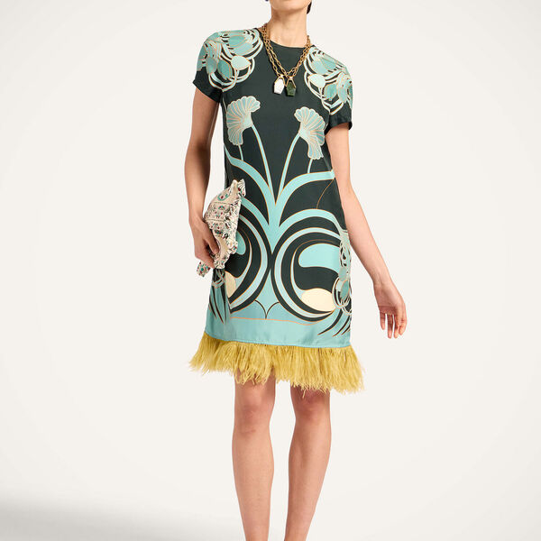  La Doublej Dresses Gend - Mini Swing Dress Blooming Tulip Placée Dark Green L 98% Silk 2% Ostrich Feathers 